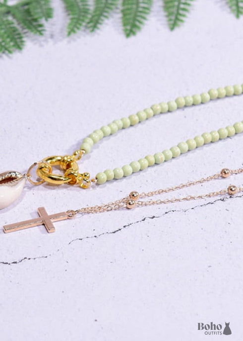 Boho Necklace, Seed Bead Choker, 2 Layers Cross & Shell